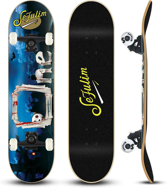 Skull Double Kick Deck Concave Cruiser Trick Skateboard